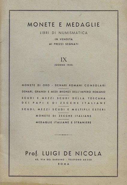 Monete e Medaglie. Libri di Numismatica in Vendita ai Prezzi Segnati - IX (Giugno 1950) - copertina