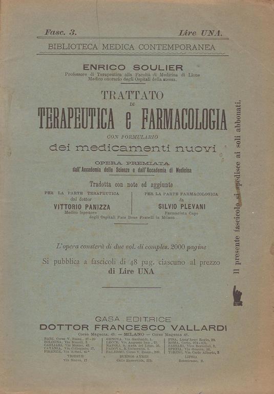 Trattato di Terapeutica e Farmacologia. con formulario dei medicamenti nuovi - Enrico Soulier - copertina