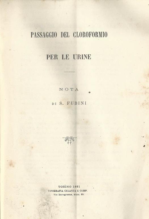 Passaggio del cloroformio per le urine. Nota - S. Fubini - copertina