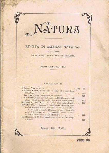 Natura (Vol. XXIX - Fasc. III). Rivista di Scienze Naturali - copertina