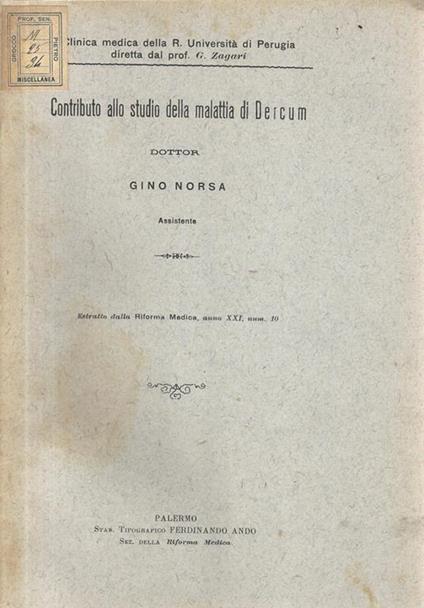 Contributo allo studio della malattia di Dercum - Gino Norsa - copertina