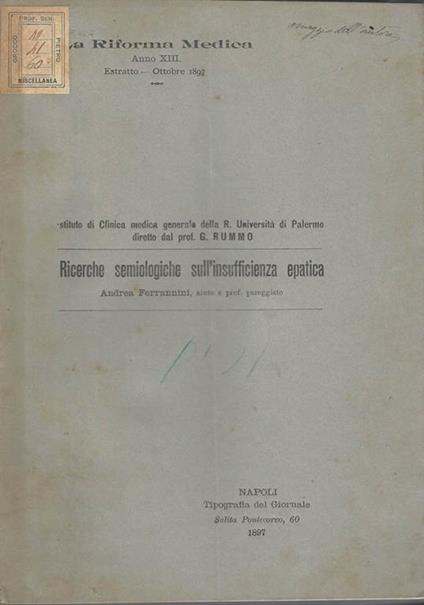 Ricerche semiologiche sull'insufficienza epatica - Andrea Ferrannini - copertina