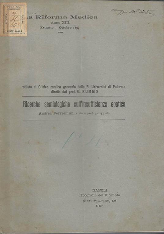 Ricerche semiologiche sull'insufficienza epatica - Andrea Ferrannini - copertina