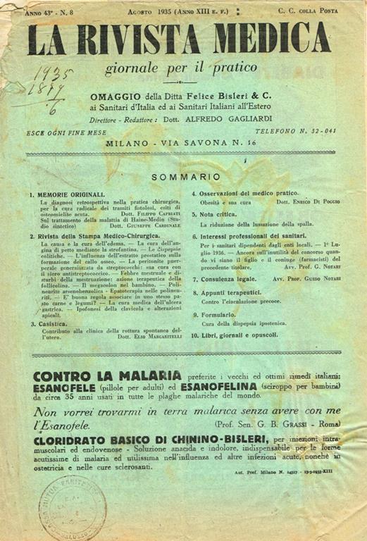 La rivista medica. Giornale per il pratico anno 430 n.8 - Libro Usato -  Casa Ed.F.Bisleri & C. - | IBS