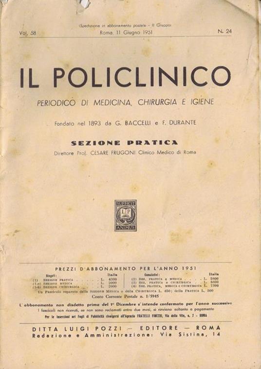 Il Policlinico (Vol. 58). Periodico di Medicina, Chirurgia e Igene - Cesare Frugoni - copertina
