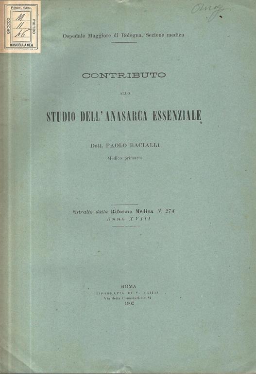 Contributo allo studio dell'anasarca essenziale - Paolo Bacialli - copertina