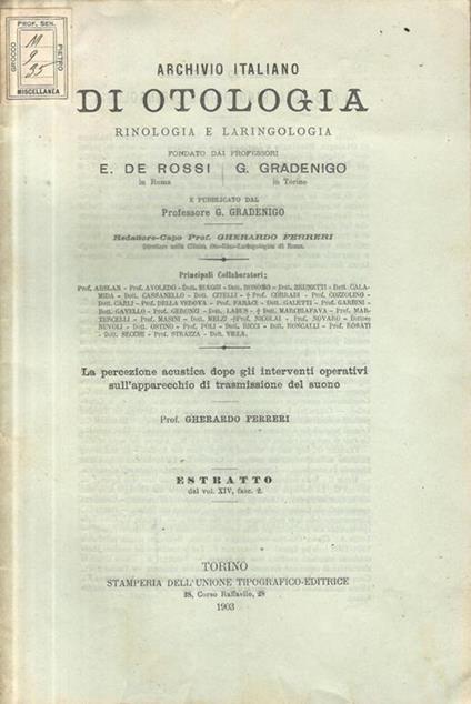 La percezione acustica dopo gli interventi operativi sull'apparecchio di trasmissione del suono - Gherardo Ferreri - copertina