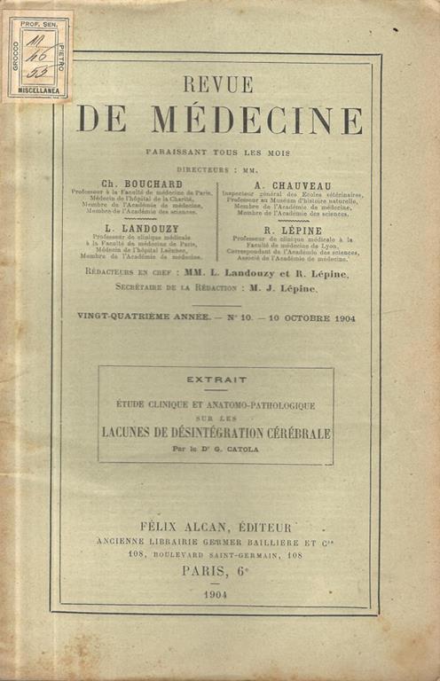 Étude clinique et anatomo-pathologique sur les lacunes de désintégration cérébrale - G. Catòla - copertina