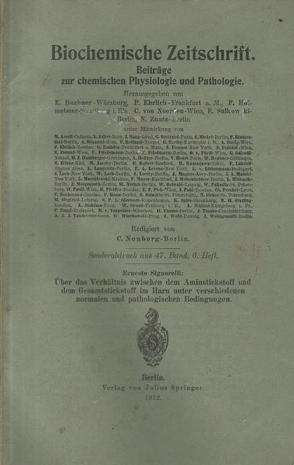 Uber das Verhalnis zwischen dem Aminstickstoff und dem Gesamtstickstoff im Harn unter verschiedenen normalen und pathologischen Bedingungen - Ernesto Signorelli - copertina