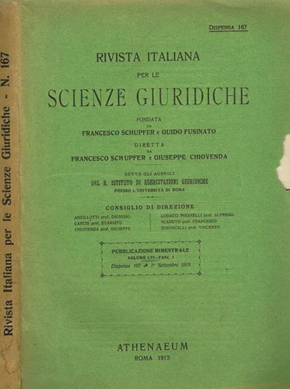 Rivista italiana per le scienze giuridiche vol.LVI fasc.I dispensa 167 - copertina