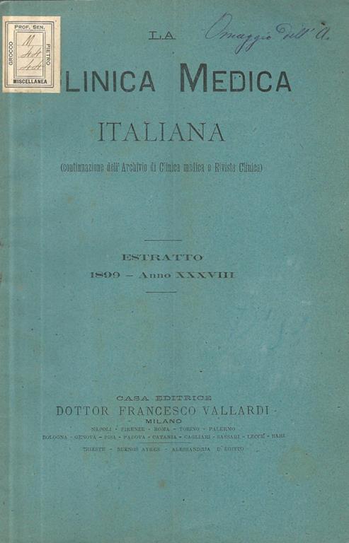 Sul valore della sierodiagnosi nell'infezione tifoide - C. Tarchetti - copertina