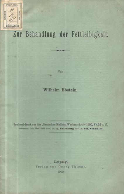 Zur Behandlung der Fettleibigkeit - Wilhelm Ebstein - copertina