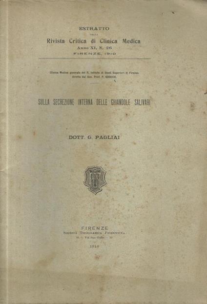 Sulla secrezione interna delle ghiandole salivari - G. Pagliai - copertina