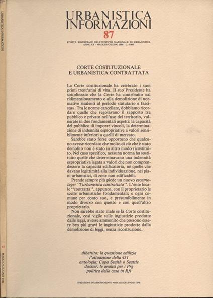 Urbanistica Informazioni Anno XV n. 87. Corte costituzionale e urbanistica contrattata - copertina