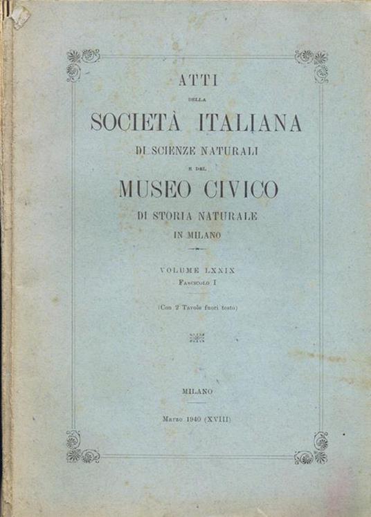 Atti della Società Italiana di Scienze Naturali e del Museo Civico di Storia Naturale in Milano (Vol. LXXIX Fasc. I) - copertina