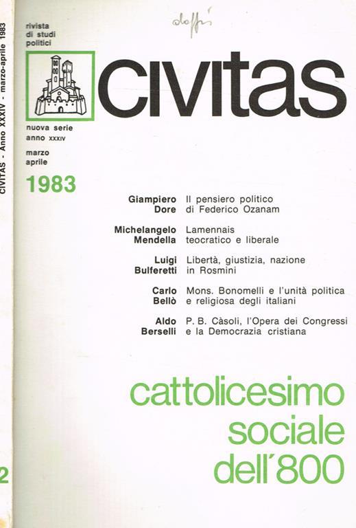 Civitas. Rivista bimestrale di studi politici anno XXXIV n.2. Cattolicesimo sociale dell'800 - copertina