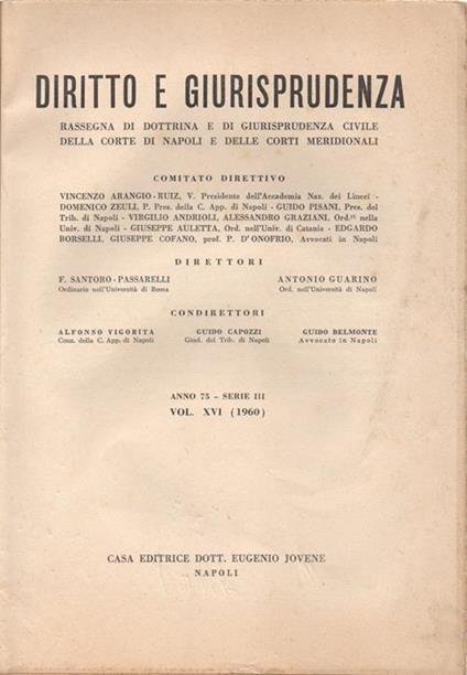 Diritto e giurisprudenza. 1960. Rassegna di dottrina e di giurisprudenza civile della Corte di Napoli e delle Corti Meridionali - copertina