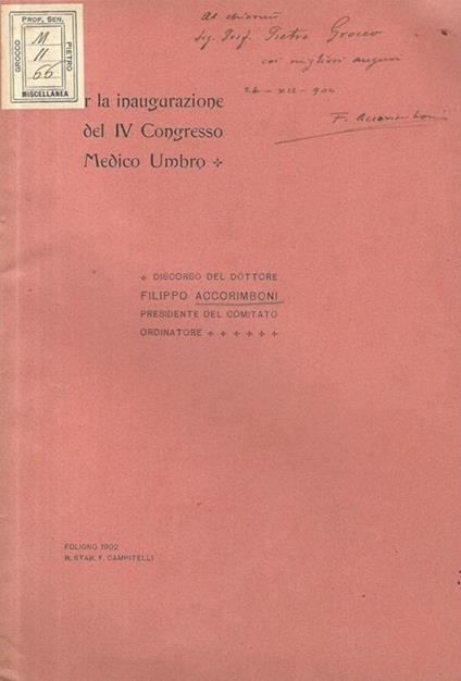 Per la inaugurazione del IV Congresso Medico Umbro. Discorso - Filippo Accorimboni - copertina