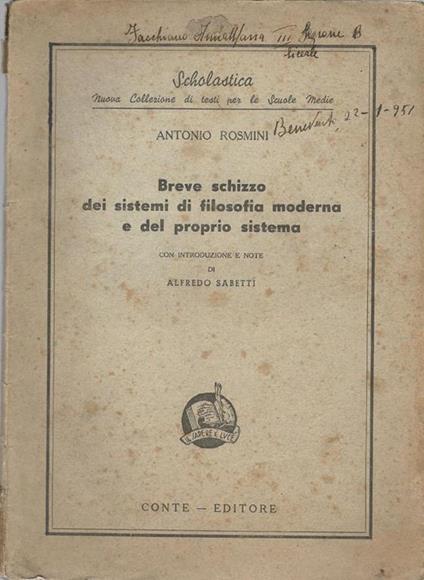 Breve schizzo dei sistemi di filosofia moderna e del proprio sistema - Antonio Rosmini - copertina