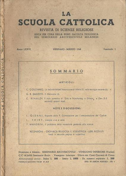 La scuola cattolica Anno LXXVI-Fascicolo 1. Rivista di scienze religiose - copertina