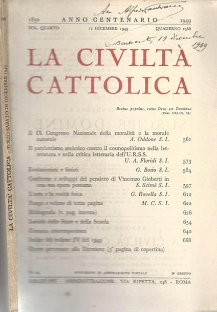 La civiltà cattolica Anno 100- Vol IV- quaderno 2388 - Giacomo Martegani - copertina