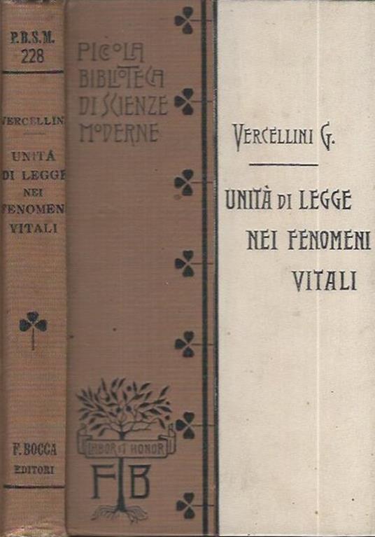 Unità di legge nei fenomeni vitali - Giuseppe Vercellini - copertina
