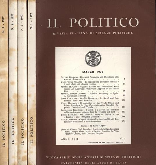 Il politico Anno 1977 n. 1 - 2 - 3 - 4. Rivista italiana di scienze politiche - copertina