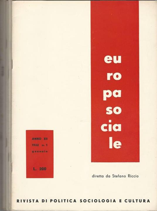 Europa Sociale Anno XII-N° 1 5 6 7-8 9 10 11 12. Rivista di politica sociologica e cultura - Stefano Riccio - copertina