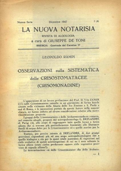 Osservazioni sulla sistematica delle Crisostomatacee (Crisomonadine) - Leopoldo Rampi - copertina