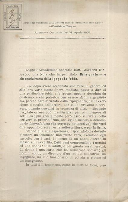 Della Grafo e più specialmente della ipografo-fobia. Estratto dal Rendiconto delle Sessioni della R. Accademia delle Scienze dell'Istituto di Bologna - Giovanni D'Ajutolo - copertina