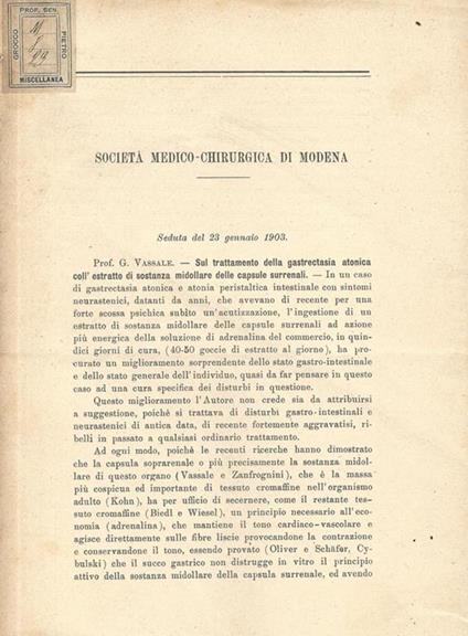 Sul trattamento della gastrectasia atonica coll'estratto di sostanza midollare delle capsule surrenali. Seduta del 23 gennaio 1903 - Giulio Vassale - copertina