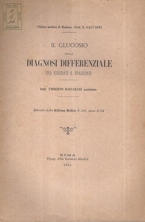 Il Glucosio nella diagnosi differenziale tra essudati e trasudati - Umberto Baccarani - copertina
