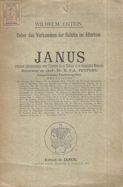 Ueber das Vorkommen der Rachitis im Altertum. Janus - Archives Internationales pour l'Histoire de la Médecine et la Géographie Médicale - Wilhelm Ebstein - copertina