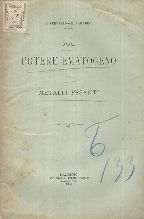 Sul potere ematogeno dei metalli pesanti - Vincenzo Cervello - copertina