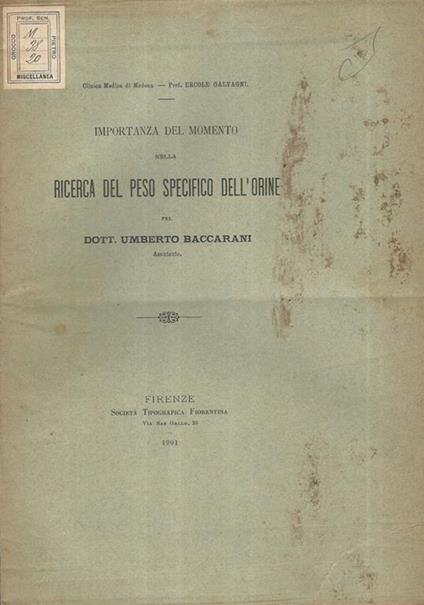 Importanza del momento della ricerca del peso specifico dell'orine. Importanza del momento - Umberto Baccarani - copertina