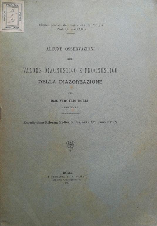 Alcune osservazioni sul valore diagnostico e prognostico della diazoreazione - copertina