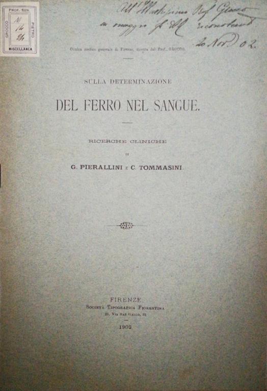 Sulla determinazione del ferro nel sangue - G. Pierallini - copertina