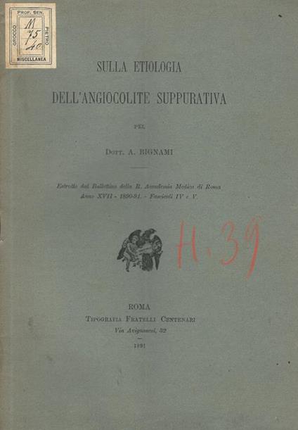 Sulla etiologia dell'angiocolite suppurativa - copertina