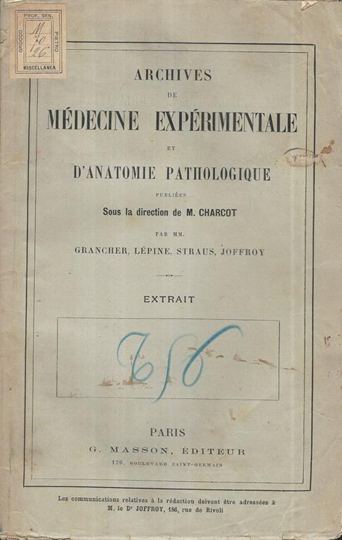 Archives de Médecine Expérimentale et d'Anatomie Pathologique. Extrait - copertina