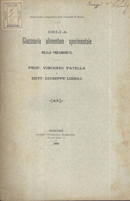 Della Glucosuria alimentare sperimentale nella pneumonite - Vincenzo Patella - copertina