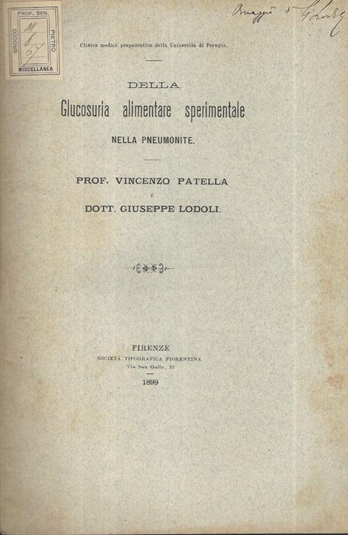 Della Glucosuria alimentare sperimentale nella pneumonite - Vincenzo Patella - copertina