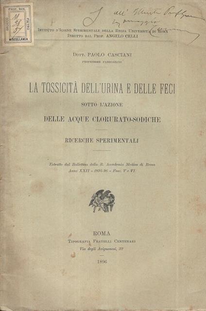 La tossicità dell'urina e delle feci sotto l'azione delle acque clorurato-sodiche. Ricerche sperimentali - copertina