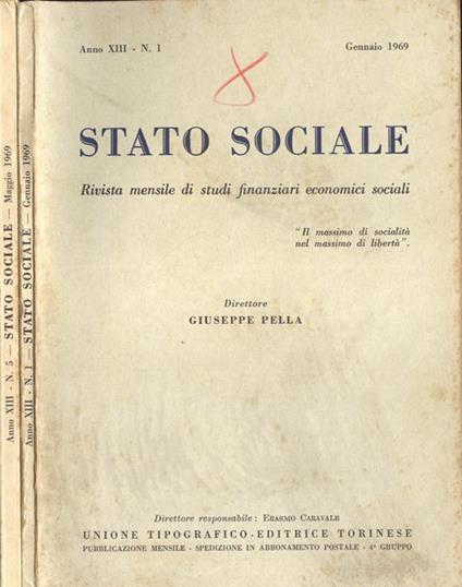 Stato sociale Anno XIII n. 1 - 5. Rivista mensile di studi finanziari economici sociali - Giuseppe Pella - copertina