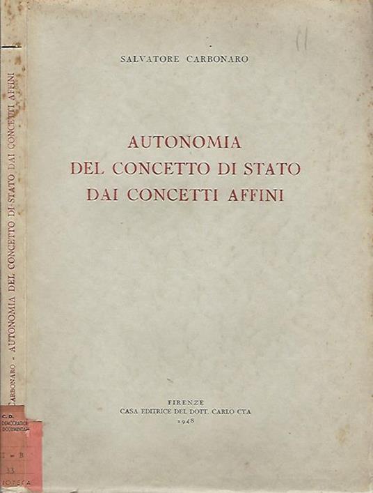 Autonomia del concetto di stato dai concetti affini - Salvatore Carbonaro - copertina