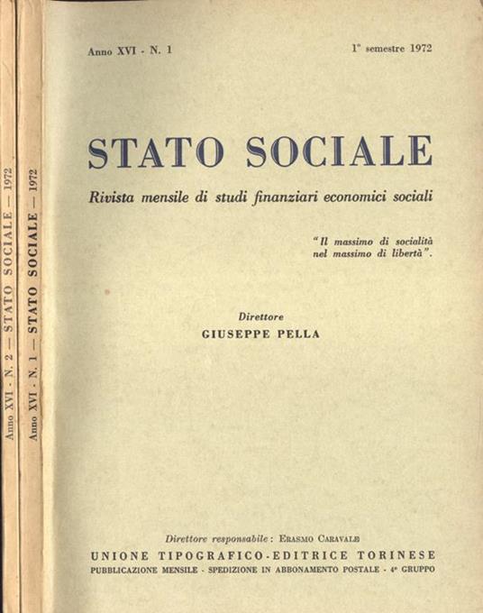 Stato sociale Anno XVI n. 1 - 2. Rivista mensile di studi finanziari economici sociali - Giuseppe Pella - copertina