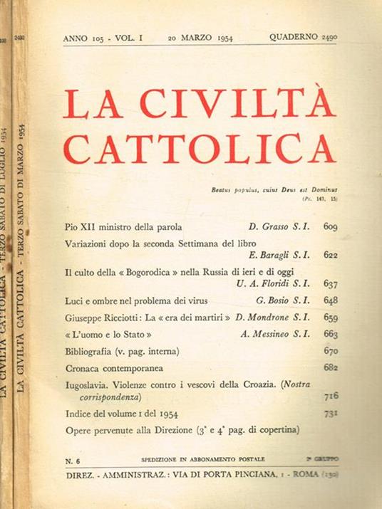 La civiltà cattolica anno 105 vol.I, III - copertina