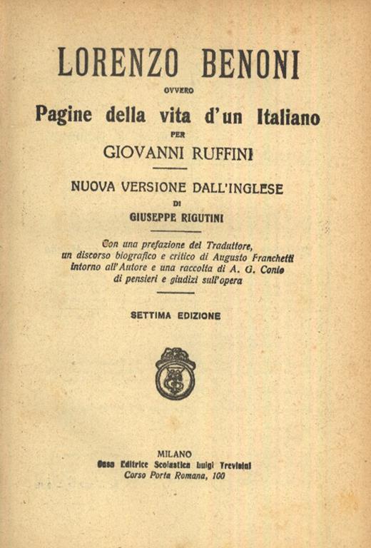 Lorenzo Benoni. Ovvero pagine della vita d'un italiano - Giovanni Ruffini - copertina