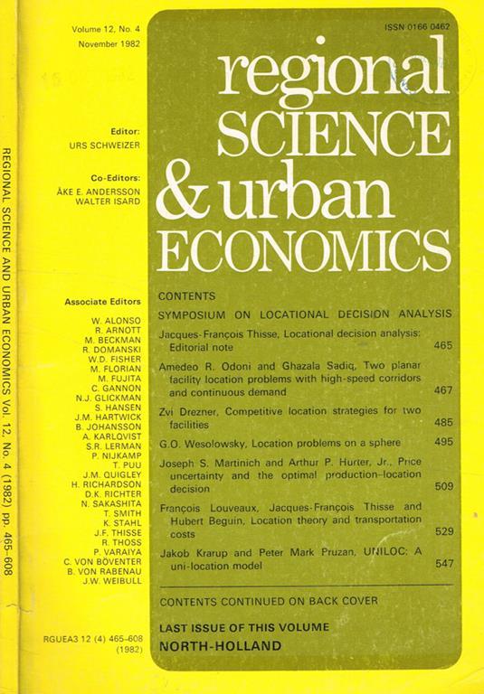 Regional science & urban economics vol.12 n.4 - Urs Schweizer - copertina