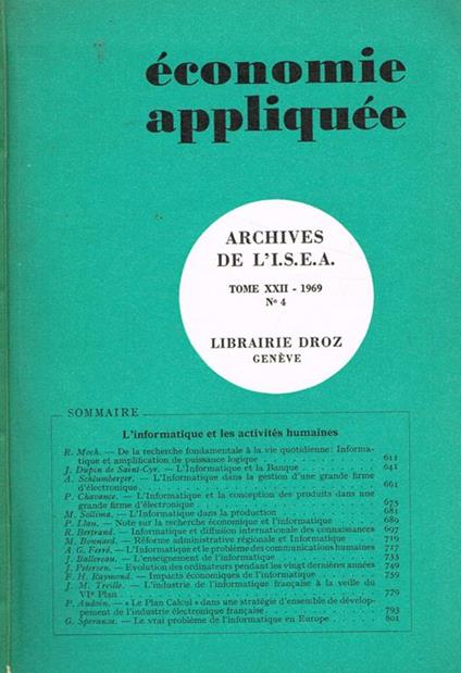 Economie appliquée. Archives de l'I.S.E.A. tome XXII n.4 - copertina