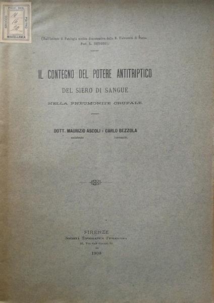 Il contegno del potere antitriptico del siero di sangue nella pneumonite crupale - Maurizio Ascoli - copertina